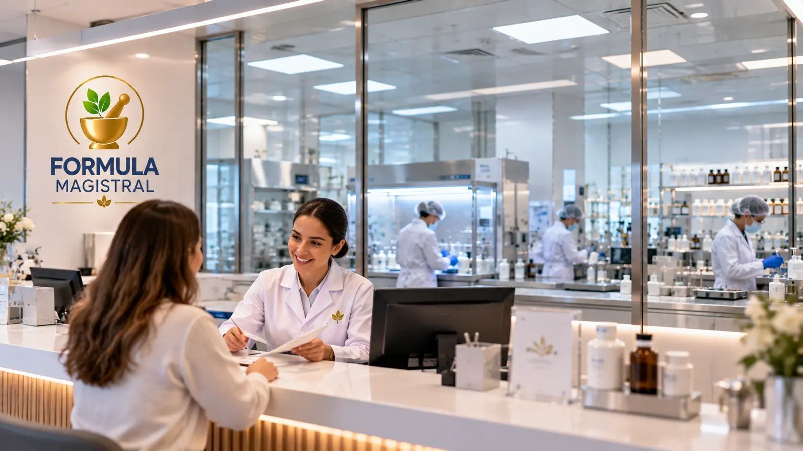 A pharmacy professional supporting a patient at a consultation counter.