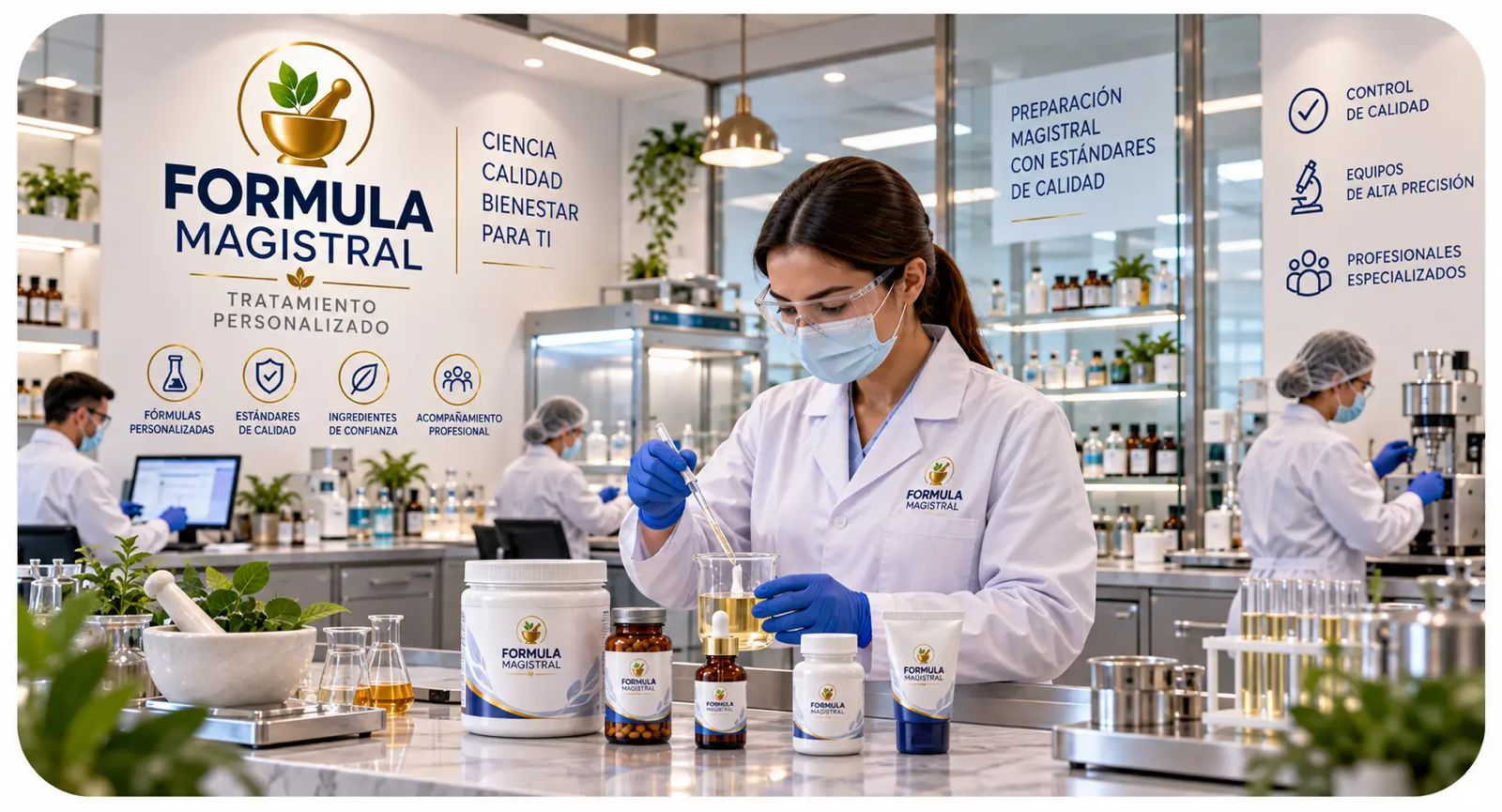 A professional preparing a compounded formula in a laboratory, with messages about quality and support.