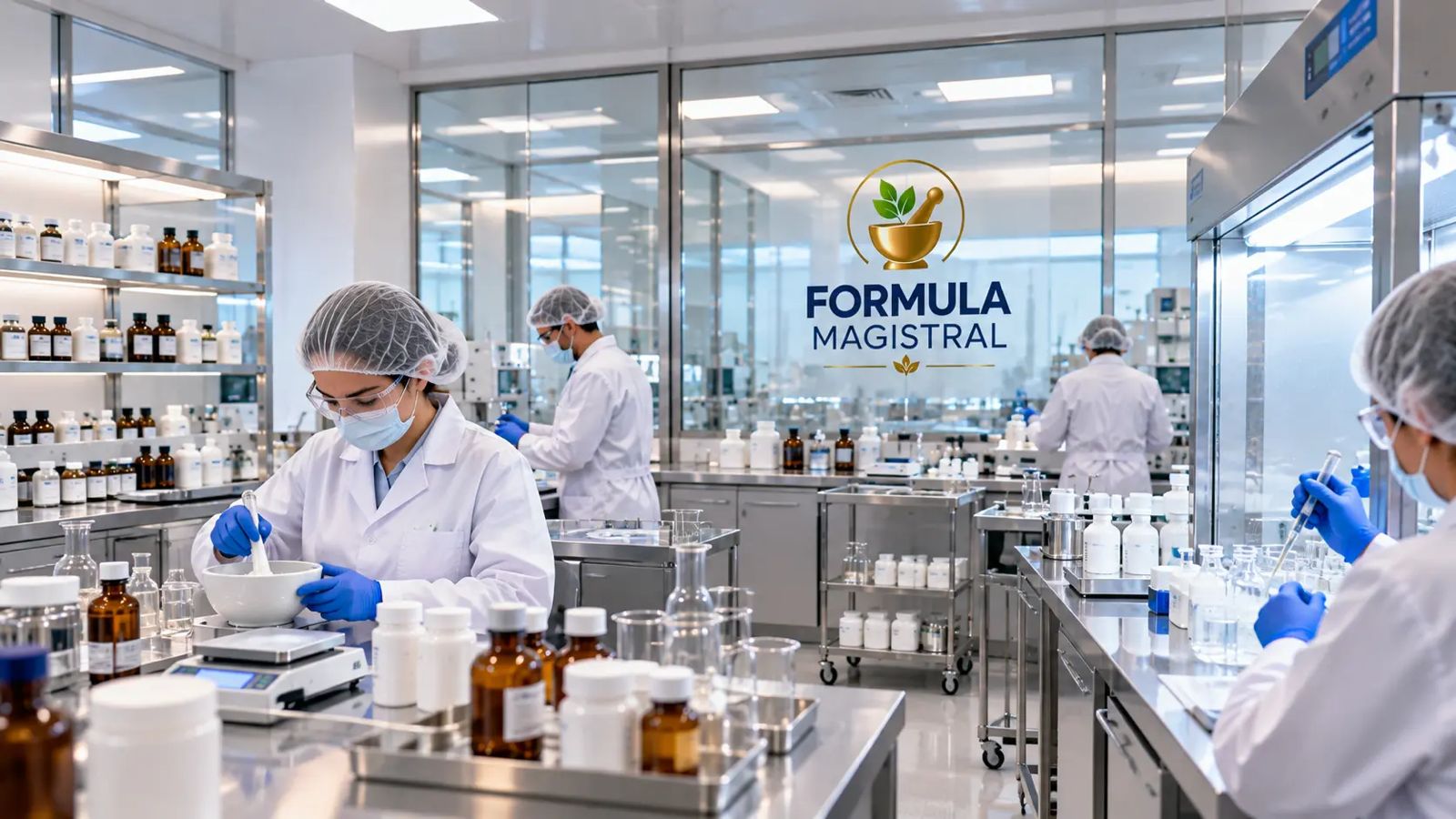 Professionals, raw materials and equipment in a pharmaceutical preparation setting.
