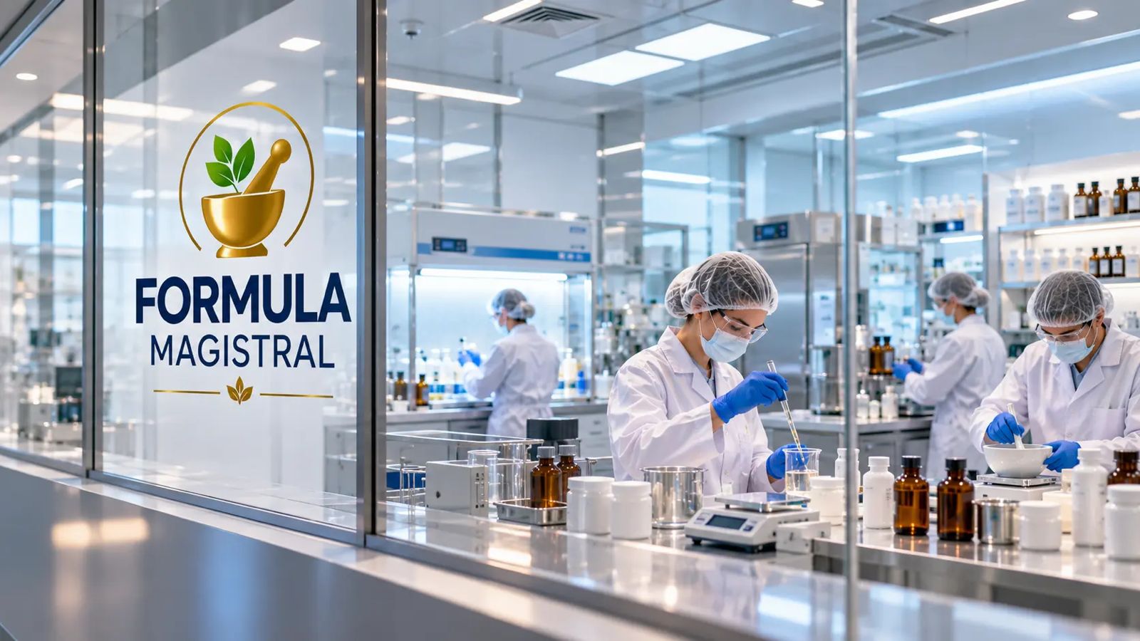 Professionals working in a laboratory with glass, steel and contemporary equipment.