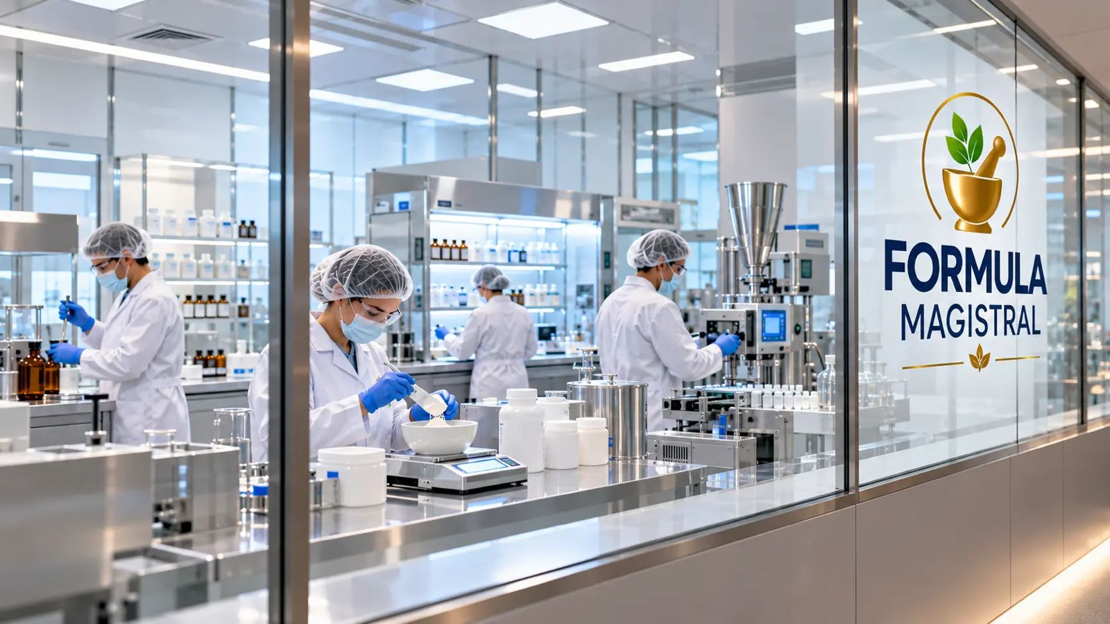 A view of the team and equipment in a pharmaceutical laboratory.